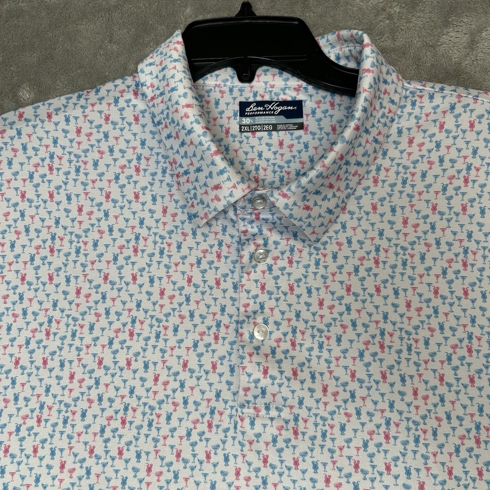 Ben Hogan Performance Polo Shirt White Blue Pink Golf Drinks Print Men's Sz 2XL